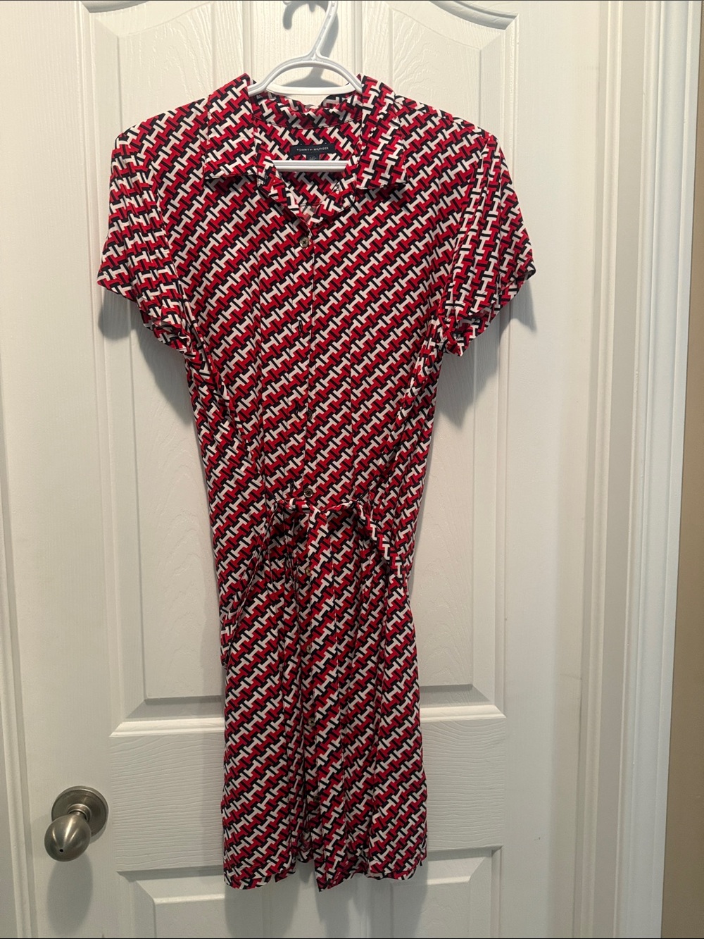 Red Patterned Short Sleeve Shirt Dress with Tie Waist